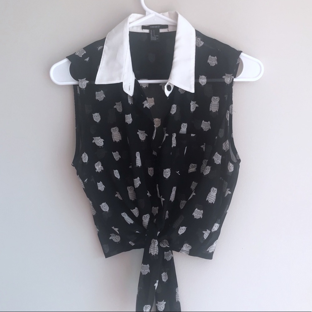 Dark Blue Owl Self Tie Crop Top
